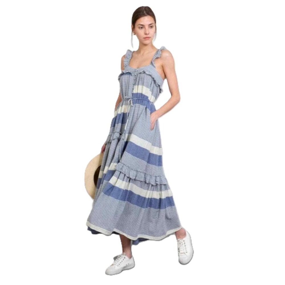Apiece Apart Womens Lypie Ruffle Patchwork‎ Tank Midi Dress Striped Blue Size 6
